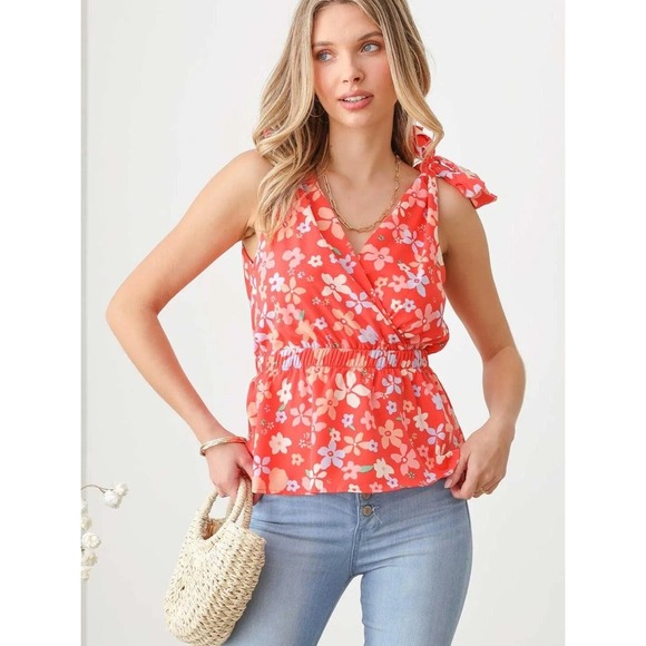 fab'rik Tops - fab'rik Floral Surplice Peplum Tie Shoulder Top Medium Coral Red